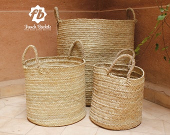 Set of 3 Palm Leaf Large round Storage Home decor baskets  - Handmade French Baskets