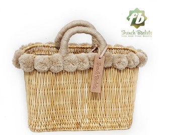 lovely Basket Oblong Small Pom Pom beige French Basket Moroccan Basket straw bag french market basket Beach Bag straw bag