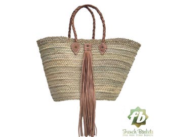 straw bag French Baskets leather tassel Natural French Basket, Moroccan basket french market basket Beach Bag