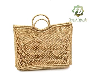 Net raffia bag straw bag Handmade wicker bag French Basket - large natural straw raffia bag round brun leather natural closure
