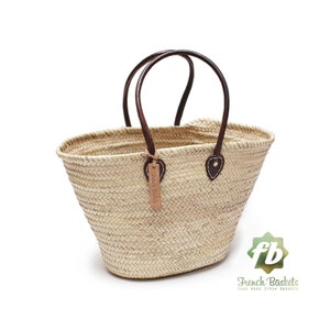 Straw bag French Basket Handle long size standard - leather french market basket, Beach Bag Handmade bag wovenbag Wholesale Moroccan Baskets