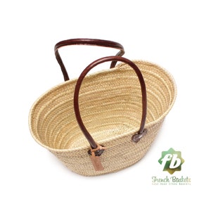 Straw bag French Basket Handle long size Medium leather french market basket, Beach Bag Handmade bag wovenbag Wholesale Moroccan Baskets image 2