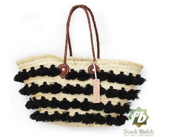 French Basket small wool pom pom sunlit black straw bag French Basket straw beach bag, straw bag tote, crossbody straw bag