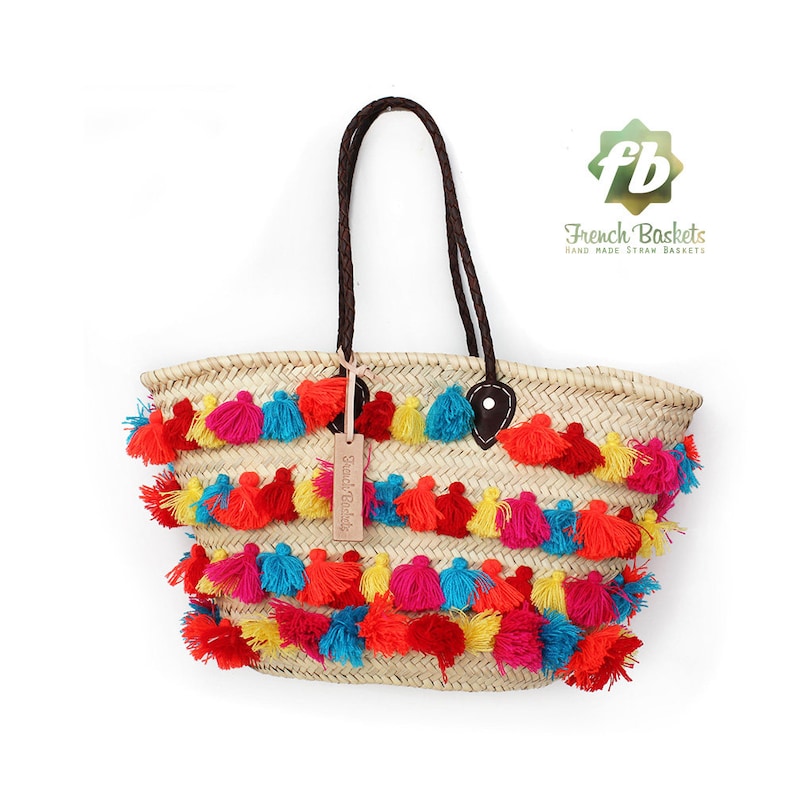 French Basket small wool pom pom sunlit : French Basket Moroccan Basket straw bag french market basket Beach Bag