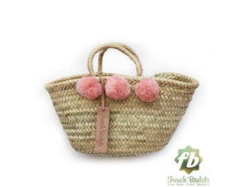 baby straw basket small pompom old pink :  French Basket, Moroccan Basket, straw bag, french market basket, Beach Bag, straw bag