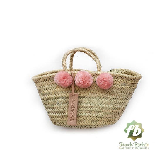 baby straw basket small pompom old pink : French Basket, Moroccan Basket,  straw bag, french market basket, Beach Bag, straw bag