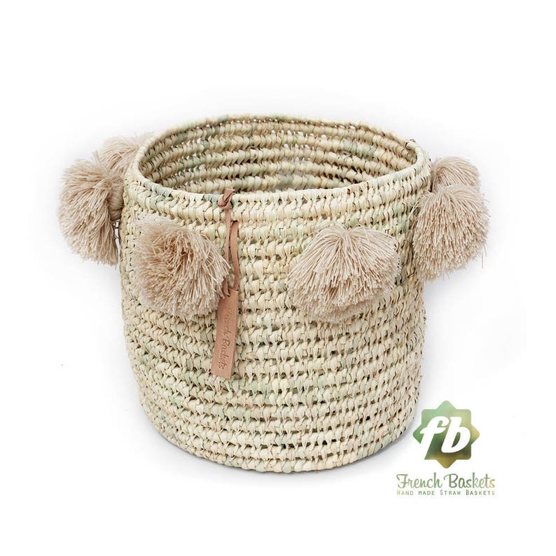 Laundry basket wool Pom Pom sand wicker basket straw bag Etsy