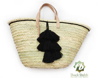 French Basket small wool pom pom Black : French Basket, Moroccan Basket, straw bag, french market basket, Beach Bag