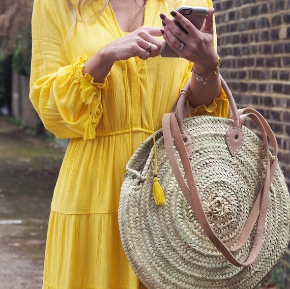 Straw Bag Natural French Basket Handle Leather