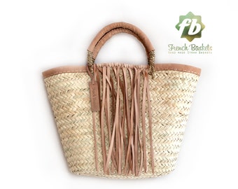 small basket with natural leather fringe, French Basket, Moroccan Basket, straw bag, french market basket, Beach Bag, straw bag