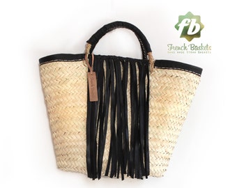 small basket with black leather fringe, French Basket, Moroccan Basket, straw bag, french market basket, Beach Bag, straw bag