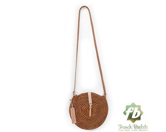 Round straw bag Handmade wicker bag French Basket Beach French Basket natural natural straw raffia bag round brun leather natural closure