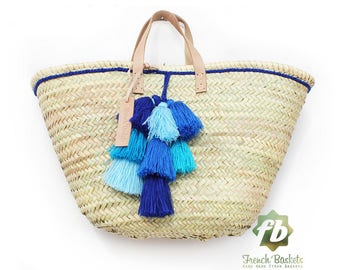 French Basket small wool pom pom 3 Blue : French Basket, Moroccan Basket, straw bag, french market basket, Beach Bag, straw beach bag