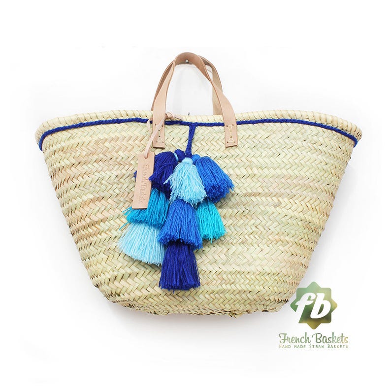 French Basket small wool pom pom 3 Blue : French Basket, Moroccan Basket, straw bag, french market basket, Beach Bag, straw beach bag image 1