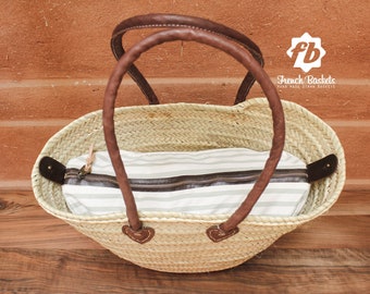 Straw bag French Basket Handle long and Detachable Inside Pocket - size Medium- leather french Beach Bag Wholesale Moroccan Baskets