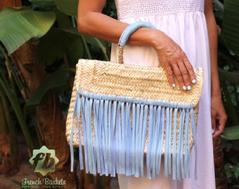 Miami Small Baskets Blue fringe leather : French Basket, Moroccan Basket, straw bag, french market basket, Beach Bag, straw bag