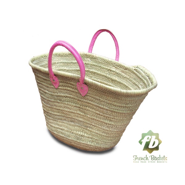 Straw beach Bag French Baskets Handles Pink Leather Handles, Beach Baskets, Straw tote, Moroccan Basket, french market basket