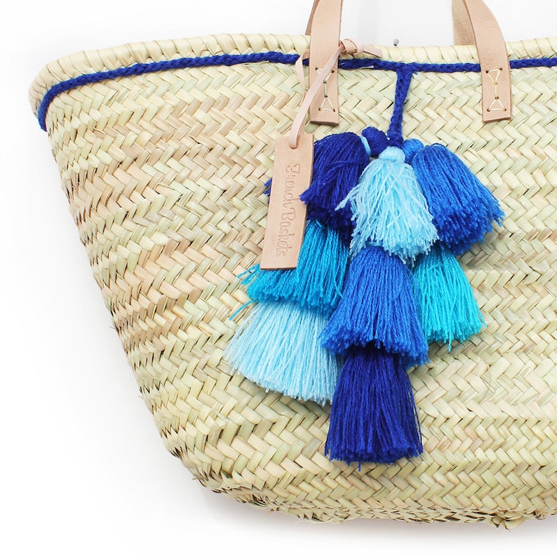 French Basket small wool pom pom 3 Blue : French Basket, Moroccan Basket, straw bag, french market basket, Beach Bag, straw beach bag image 2