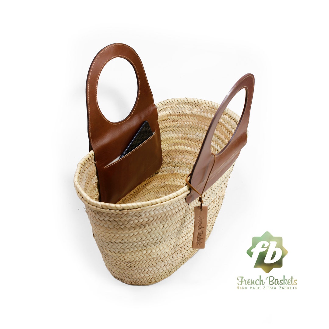  FRENCH BASKET with double flat leather handles, straw bag,  beach bag, basket bag, straw basket, shopping basket, wicker basket with  handle, wicker basket (X-Large) : Handmade Products