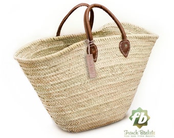 straw bag  French Basket french market basket, Beach Bag Handmade Moroccan Basket - Natural French Basket Handle leather