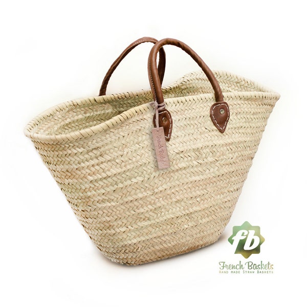 straw bag  French Basket french market basket, Beach Bag Handmade Moroccan Basket - Natural French Basket Handle leather