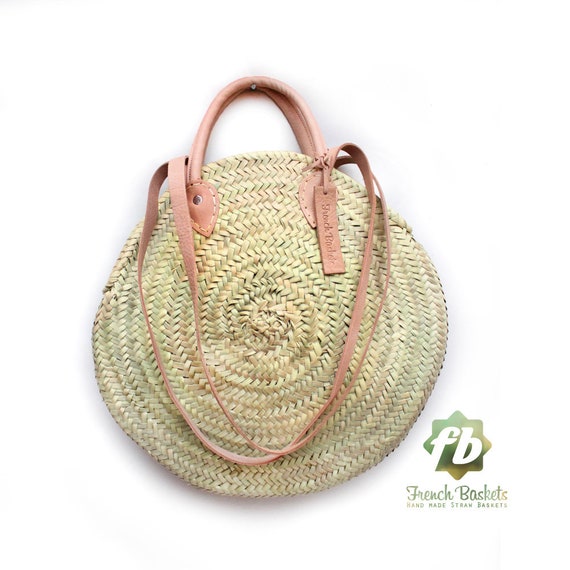 Round Wicker Basket Double Leather Handle Wicker Basket 