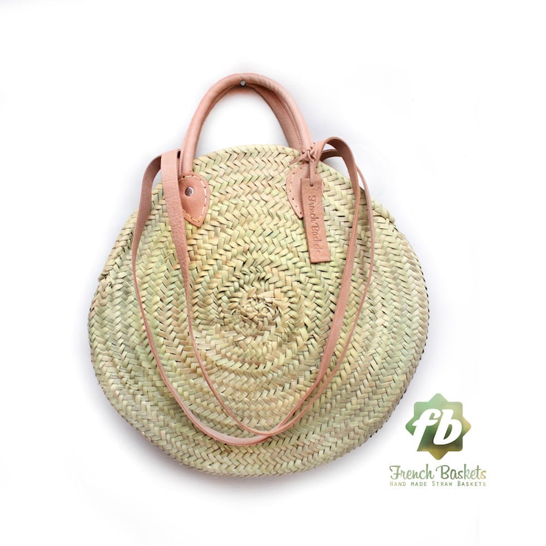 Round wicker basket Double leather handle, wicker basket, straw bag, French Baskets, Moroccan Basket, straw basket, Beach Bag image 1