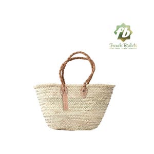 Straw bag French Basket size small Handle long braided - Leather handles French Basket - Beach Bag - Woven straw bag