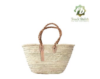 Straw bag French Basket size Medium Handle long braided - Leather handles French Basket - Beach Bag - Woven straw bag