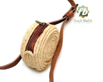 small round banana straw bag Handmade wicker bag French Basket - large natural straw raffia bag round brun leather natural closure