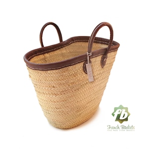 Natural French Basket Handle Leather Outline - straw bag Market bags