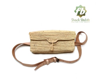 banana bag rectangle straw bag Handmade wicker bag French Basket - large natural straw raffia bag round brun leather natural closure