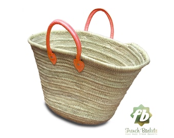 Straw Bag French Baskets Handles Orange Leather Handles, Beach Baskets, Straw tote, Moroccan Basket, french market basket