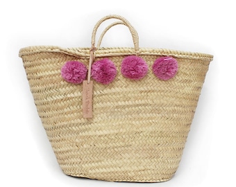 French Baskets wool 8 pom pom raspberry : French Basket, Moroccan Basket, straw bag, french market basket, Beach Bag, straw bag