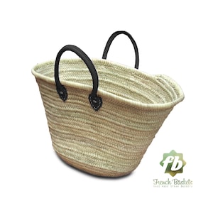 Straw Bag French Baskets Handles Black Leather Handles, Beach Baskets, Straw tote, Moroccan Basket, french market basket