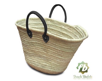 Straw Bag French Baskets Handles Black Leather Handles, Beach Baskets, Straw tote, Moroccan Basket, french market basket