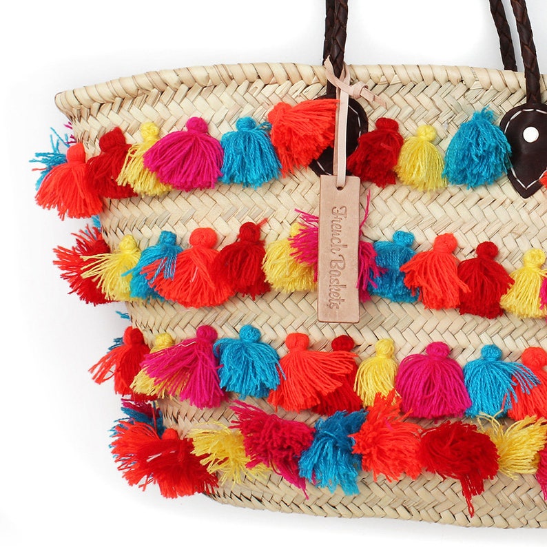 French Basket small wool pom pom sunlit : French Basket Moroccan Basket straw bag french market basket Beach Bag