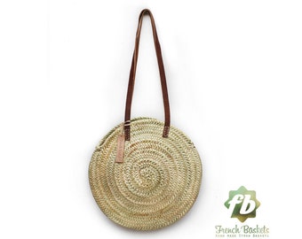 Round straw bag Handmade wicker bag French Basket Beach Bag round basket Round french market basket- Round wicker basket long leather handle