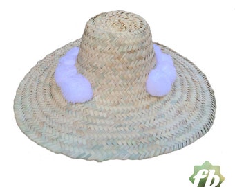 Straw Hats pompom white :  French Basket, Moroccan Basket, straw bag, french market basket, Beach Bag, straw bag