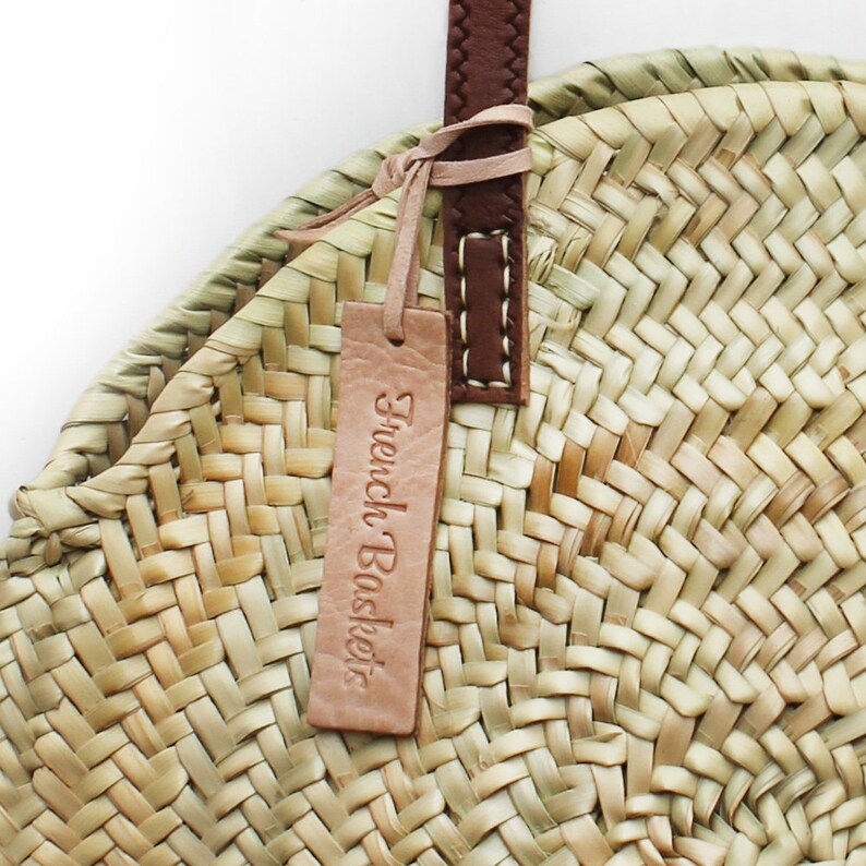 Round straw bag Handmade wicker bag French Basket Beach Bag round basket Round french market basket Round wicker basket long leather handle image 2