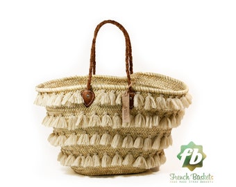 French Basket small wool pom pom sunlit sand : French Basket, Moroccan Basket, straw bag, french market basket, Beach Bag