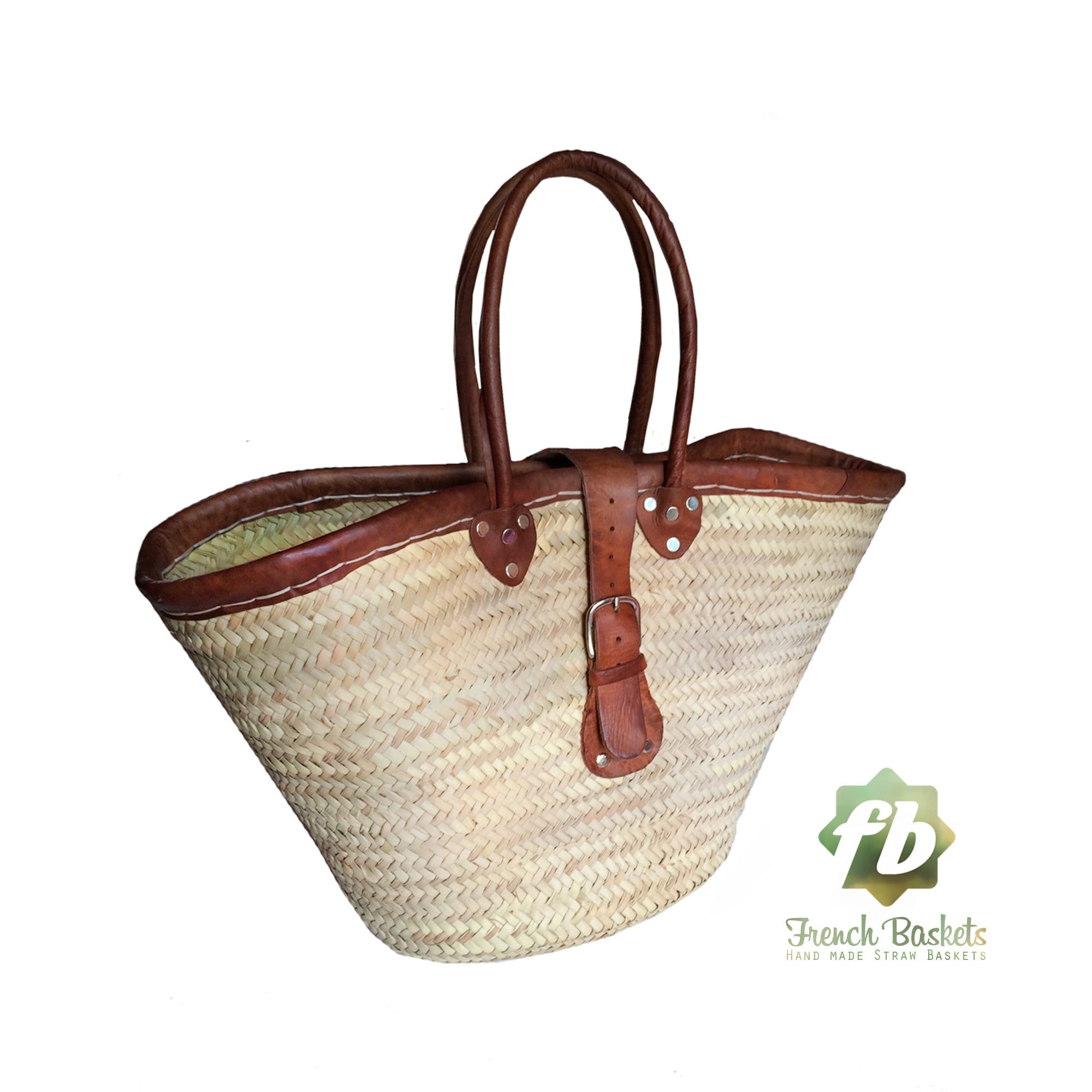  FRENCH BASKET with double flat leather handles, straw