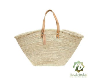 straw bag Handmade french market basket beach bag market basket wicker bag - Natural straw Basket Short Flat Leather Handle