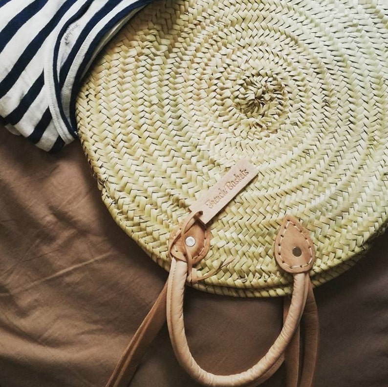 Round wicker basket Double leather handle, wicker basket, straw bag, French Baskets, Moroccan Basket, straw basket, Beach Bag image 8