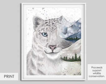 Snow Leopard in Mountains Art Print - Supports Wildlife Conservation