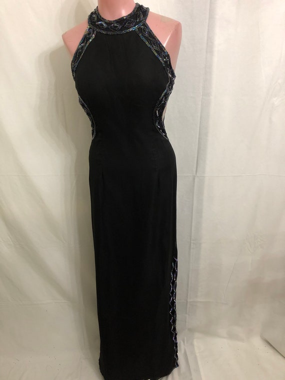 Long Black/iridescent beaded gown#15812