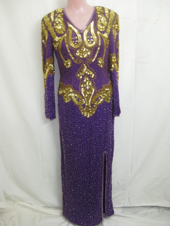 Long sleeve Pur/gold gown#381 - image 1