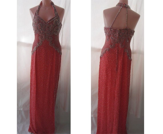 Coral and silver beaded gown #887