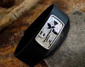 Depeche Mode quality art jewelry, silver rose bracelet, wrapped leather cuff, enjoy the silence, 80s music band, Violator rose cuff bracelet
