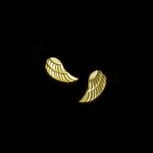 May include: A pair of gold-coloured angel wing earrings. The wings are detailed with a textured design.